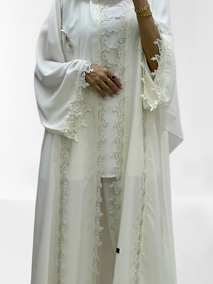 Classic Lace Abaya with Shaila, white, L0128