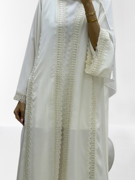 Classic Lace Abaya with Shaila, white, L0127