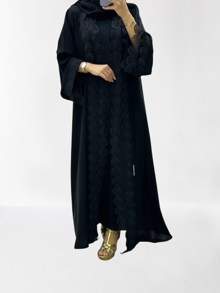 Classic Lace Abaya with Shaila, black, L0126