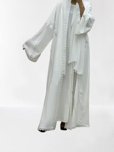 Classic Lace Abaya with Shaila, white, L0125