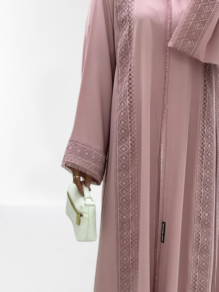 Classic Lace Abaya with Shaila, pink, L0119