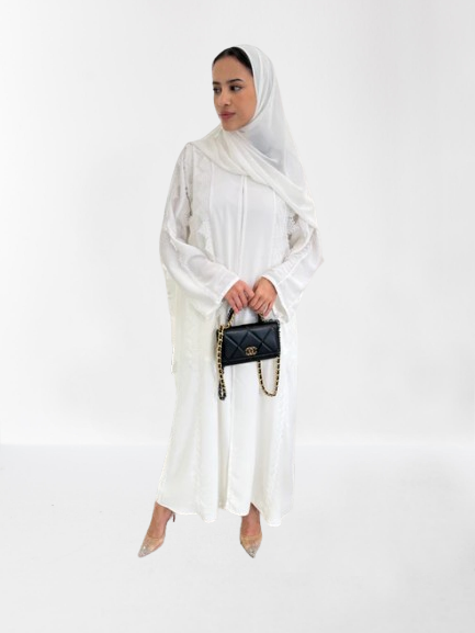 Classic Lace Abaya with Shaila, white, L0118