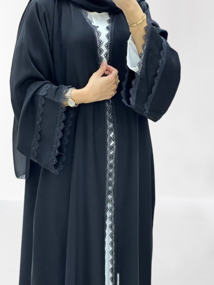 Classic Lace Abaya with Shaila, Black, L0116