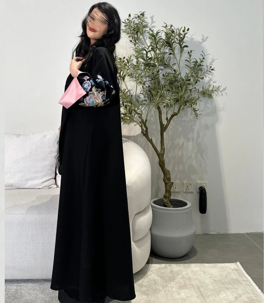 Floral Embroidered Abaya with Shyla, Black with pink