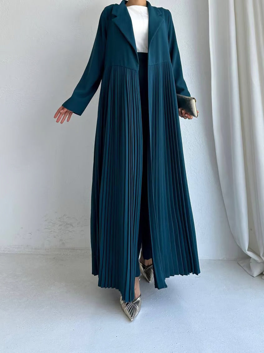 Elegant Pleated Long Coat Abaya Set - Teal