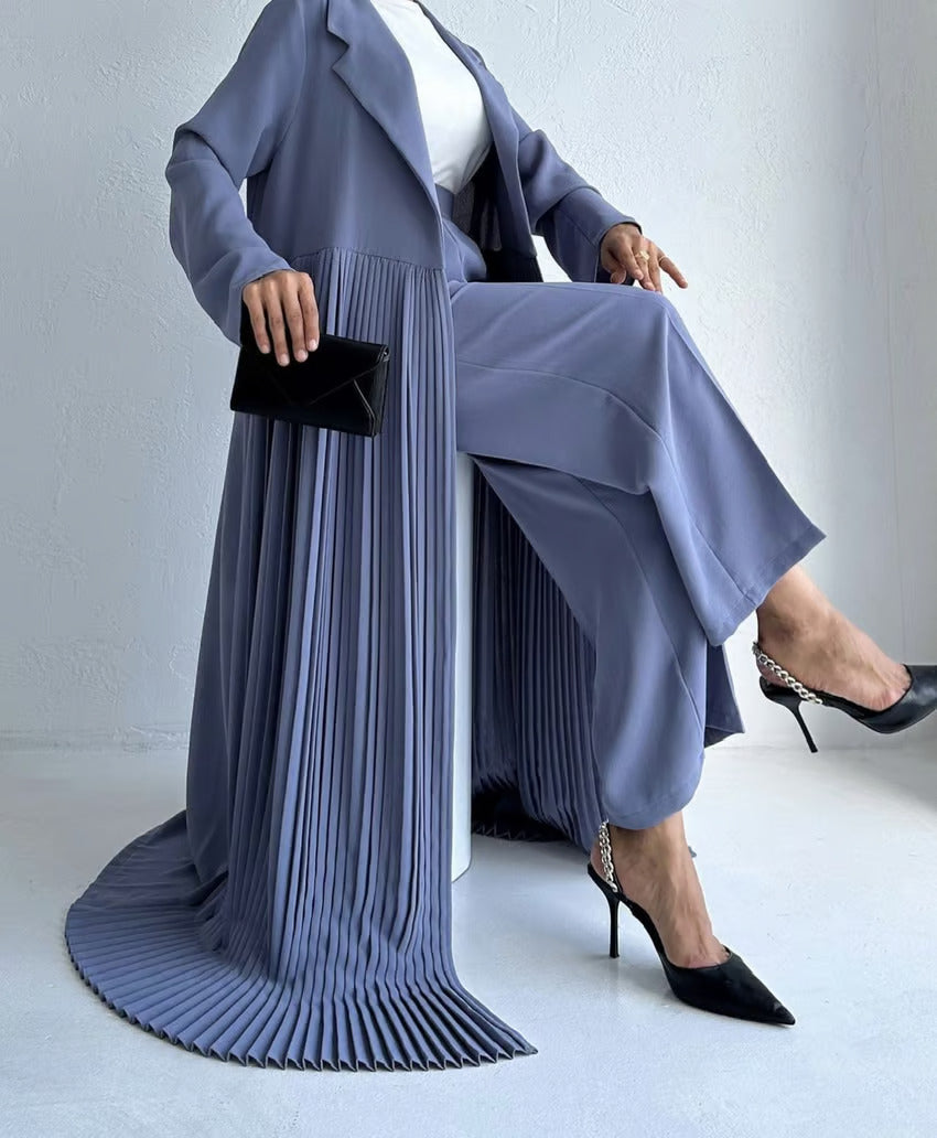 Elegant Pleated Long Coat Abaya Set - Light Blue