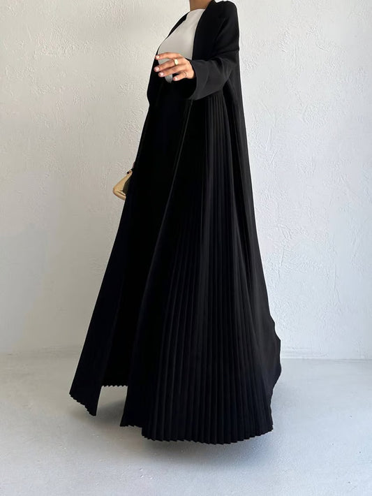 Elegant Pleated Long Coat Abaya Set - Black