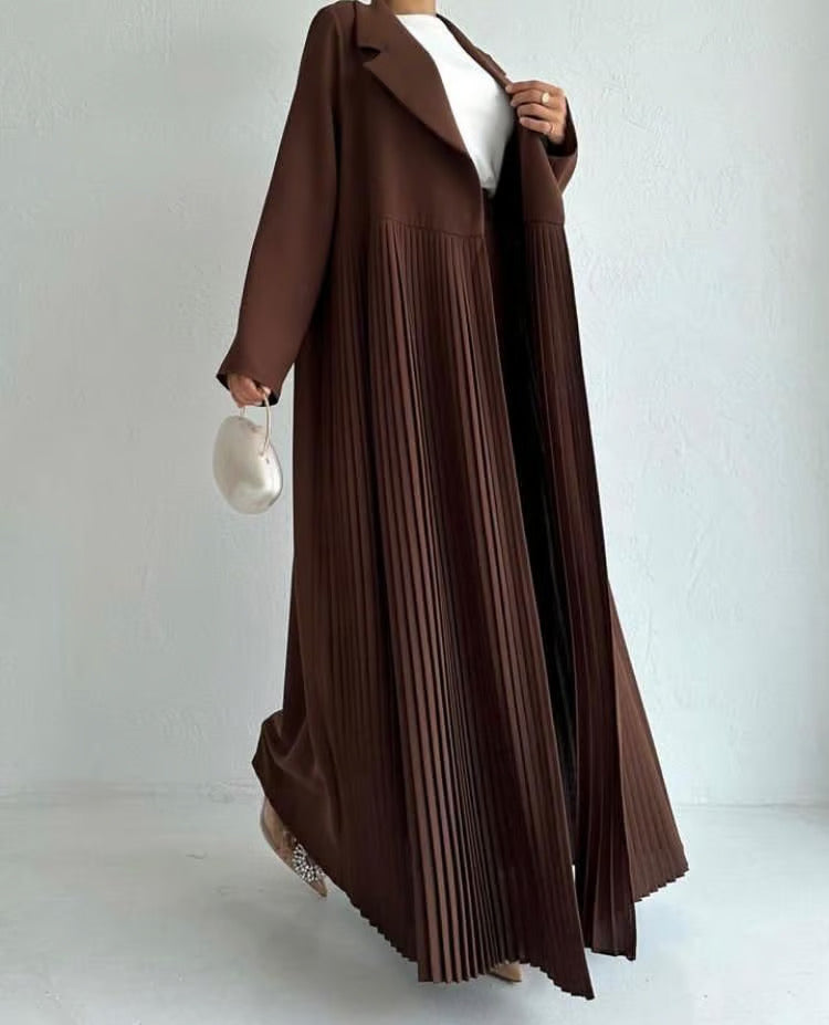 Elegant Pleated Long Coat Abaya Set - Brown