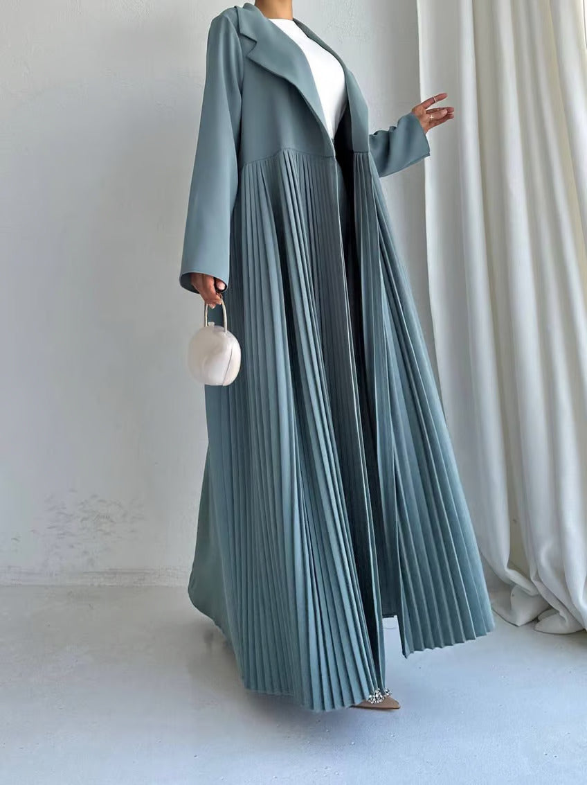 Elegant Pleated Long Coat Abaya Set - Grey