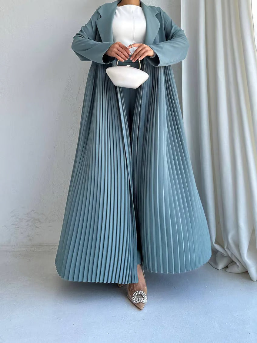 Elegant Pleated Long Coat Abaya Set - Grey