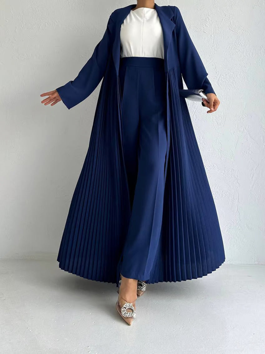 Elegant Pleated Long Coat Abaya Set - Blue