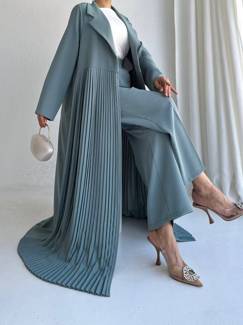 Elegant Pleated Long Coat Abaya Set - Grey