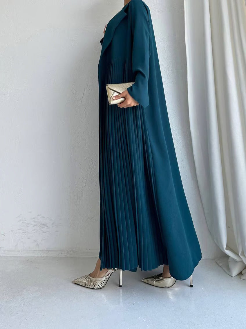 Elegant Pleated Long Coat Abaya Set - Teal