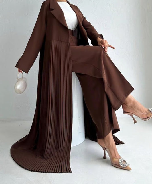 Elegant Pleated Long Coat Abaya Set - Brown