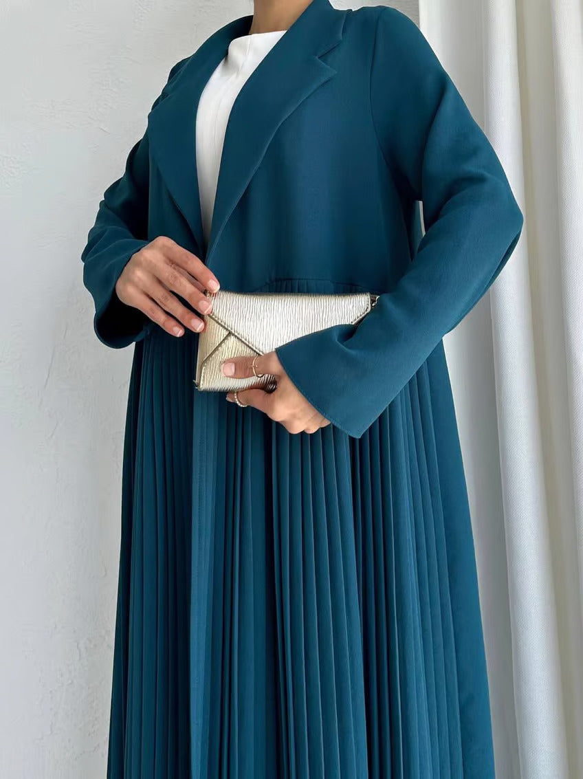 Elegant Pleated Long Coat Abaya Set - Teal