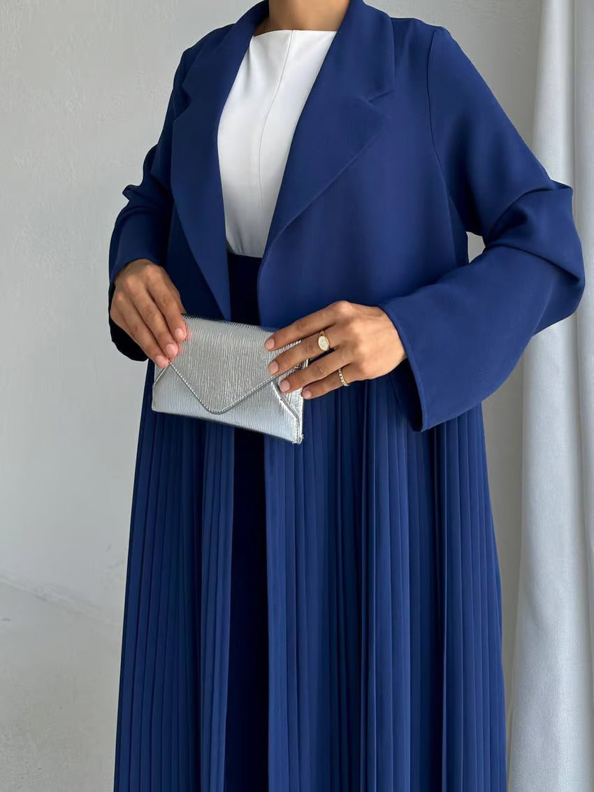 Elegant Pleated Long Coat Abaya Set - Blue