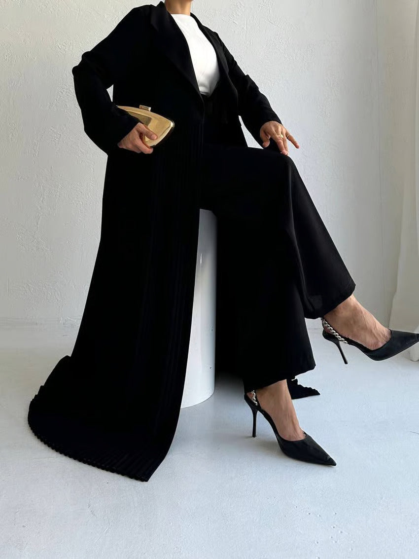 Elegant Pleated Long Coat Abaya Set - Black