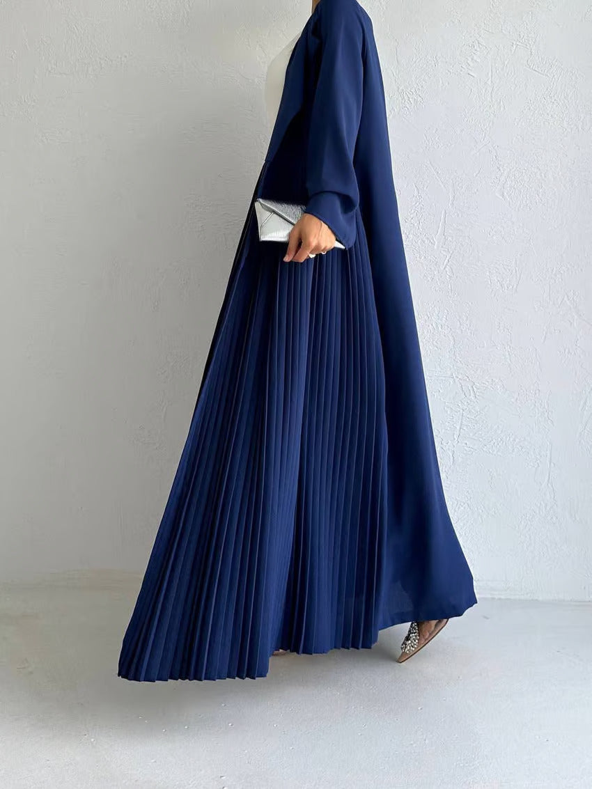 Elegant Pleated Long Coat Abaya Set - Blue