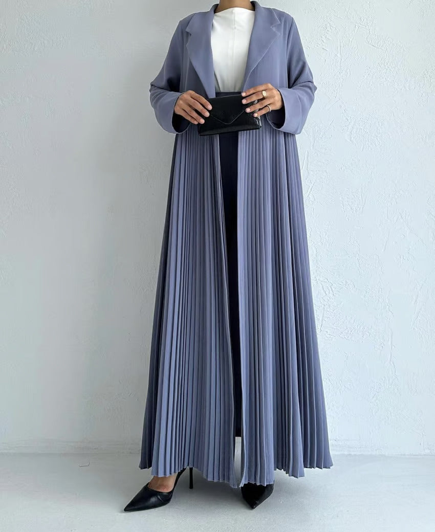 Elegant Pleated Long Coat Abaya Set - Light Blue