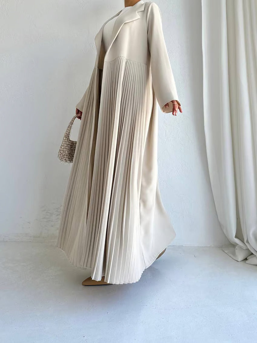 Elegant Pleated Long Coat Set - Beige