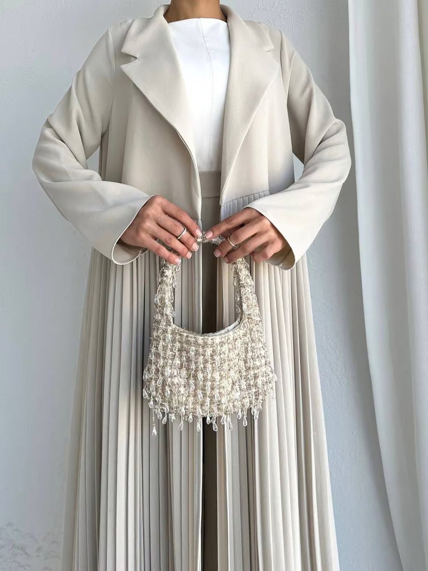 Elegant Pleated Long Coat Set - Beige