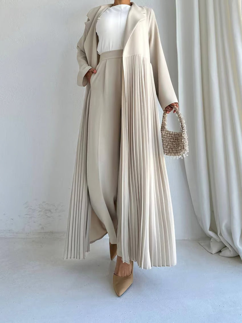 Elegant Pleated Long Coat Set - Beige