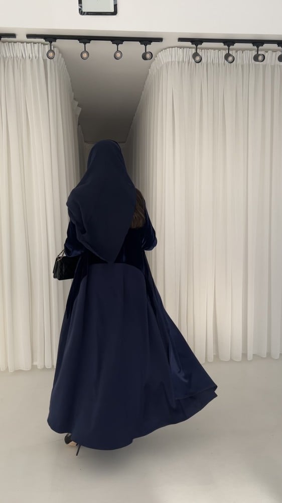 Winter Collection - 01, Blue Valvet Abaya with Crepe