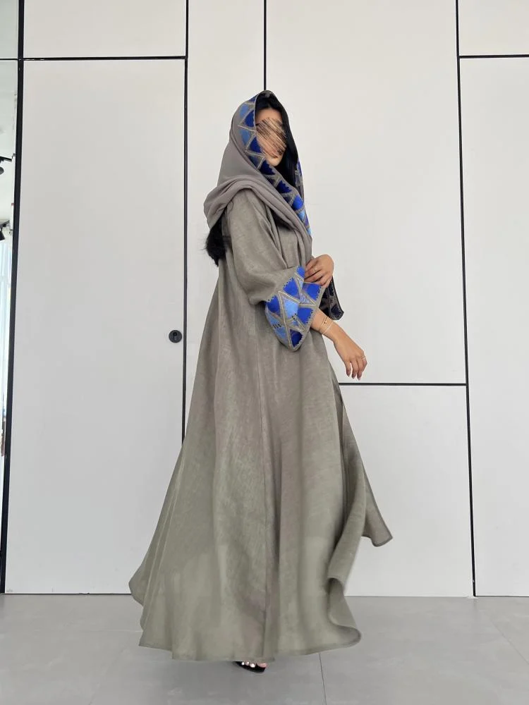 Grey abaya with Blue Embroidery on sleeves and Shyla