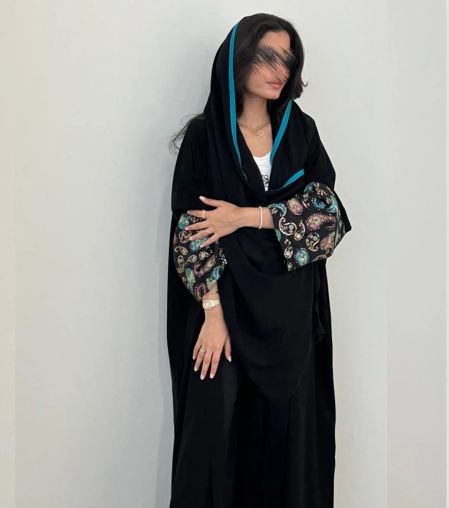 Multi color Embroidered Sleeves Abaya with Shayla