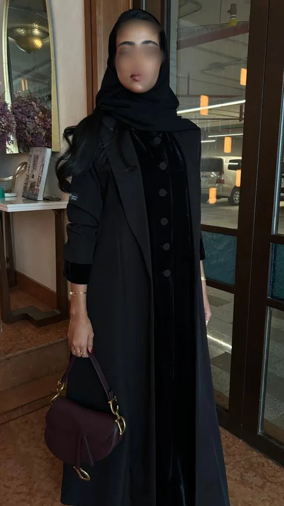 Winter Collection - 02, Black Valvet Abaya with Crepe