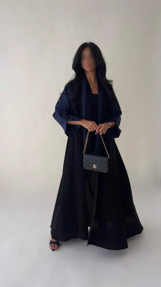 Black Abaya with Navy Blue sleeves with buttons