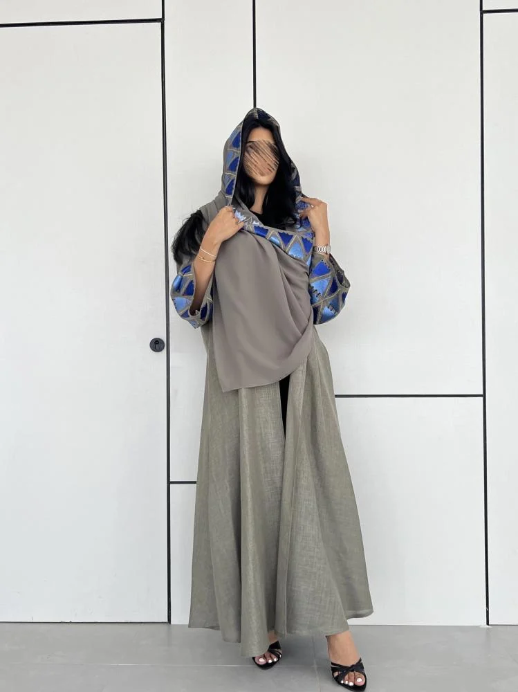 Grey abaya with Blue Embroidery on sleeves and Shyla