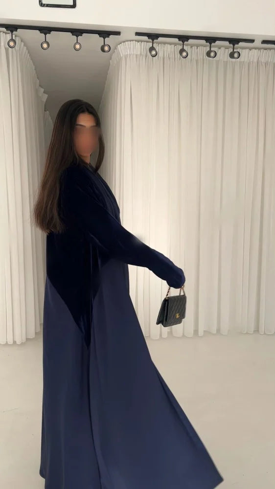 Winter Collection - 01, Blue Valvet Abaya with Crepe