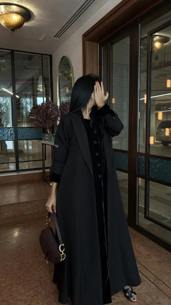 Winter Collection - 02, Black Valvet Abaya with Crepe