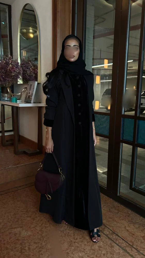 Winter Collection - 02, Black Valvet Abaya with Crepe