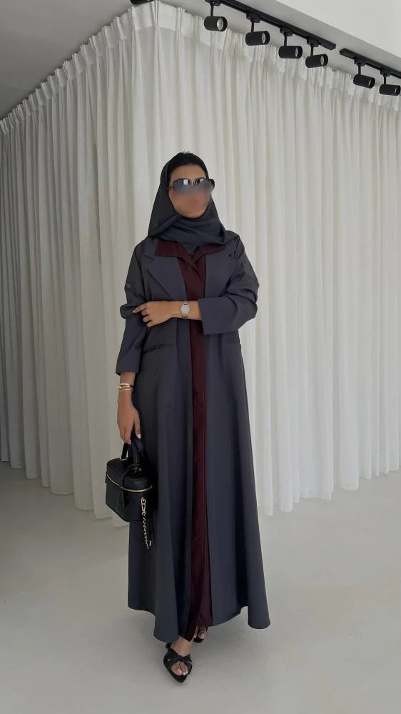 Grey & Burgundy Blazer Abaya