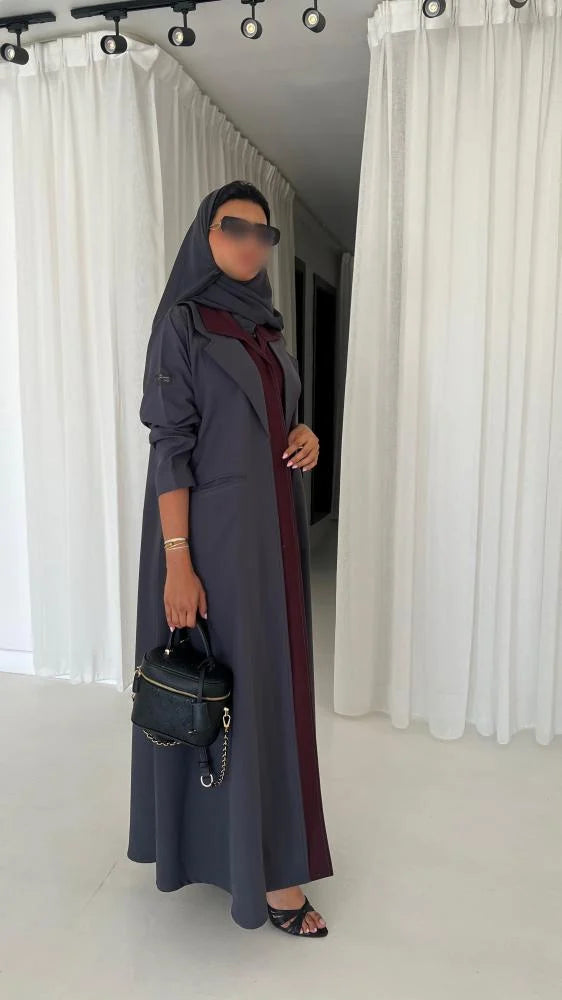 Grey & Burgundy Blazer Abaya