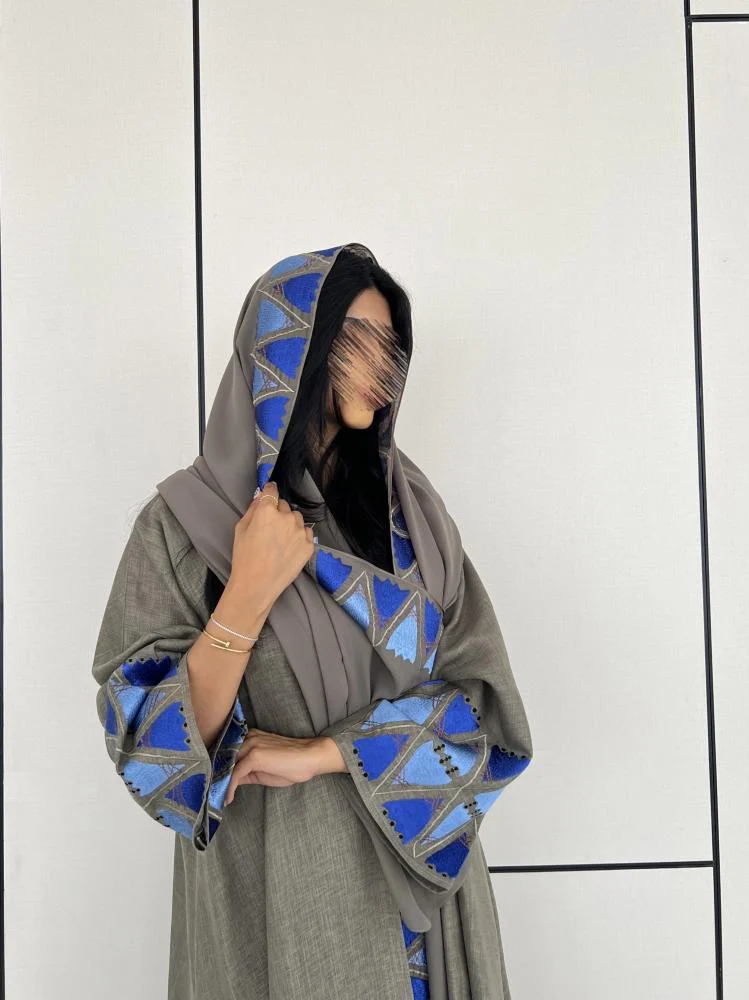 Grey abaya with Blue Embroidery on sleeves and Shyla