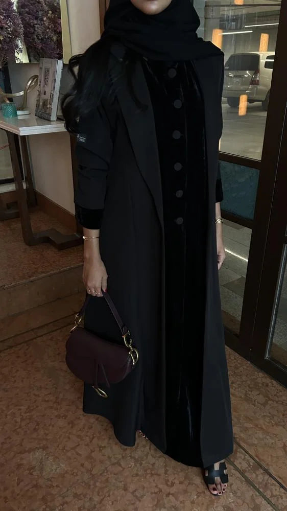 Winter Collection - 02, Black Valvet Abaya with Crepe