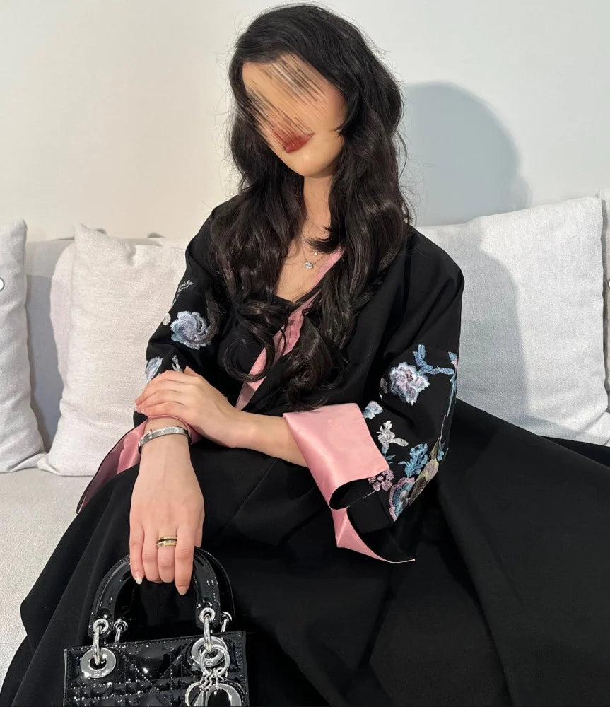 Floral Embroidered Abaya with Shyla, Black with pink