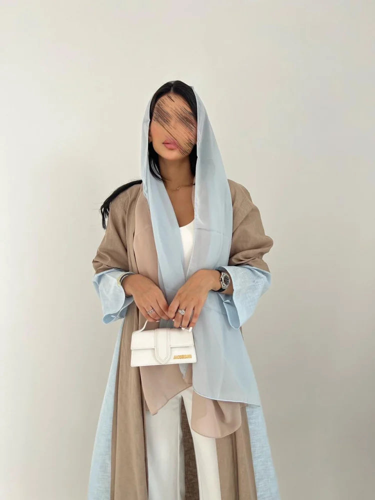 Beige and Blue Color Block Abaya