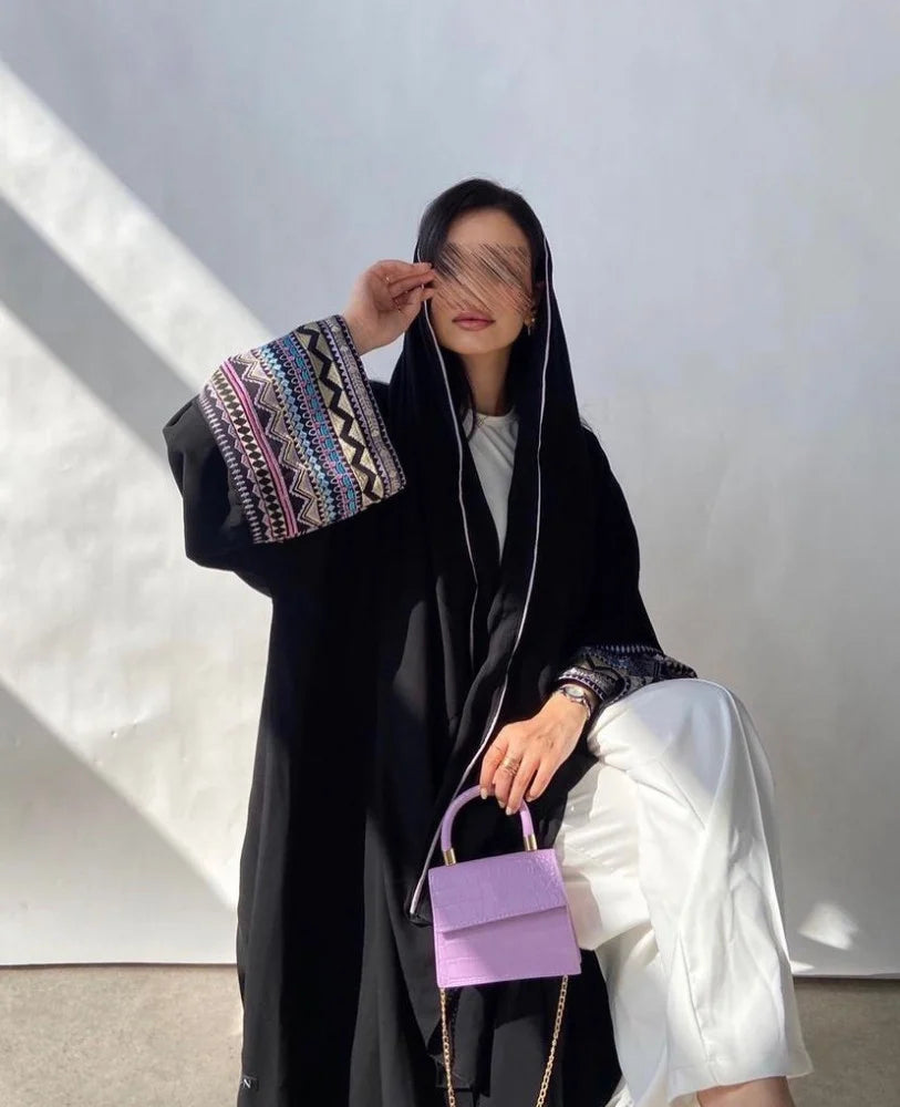 Black Abaya with Vibrant Geometric Sleeve Details