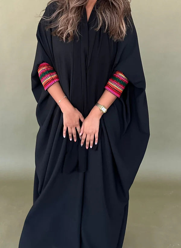 Black Abaya with Multi color Sleeves Embroidery